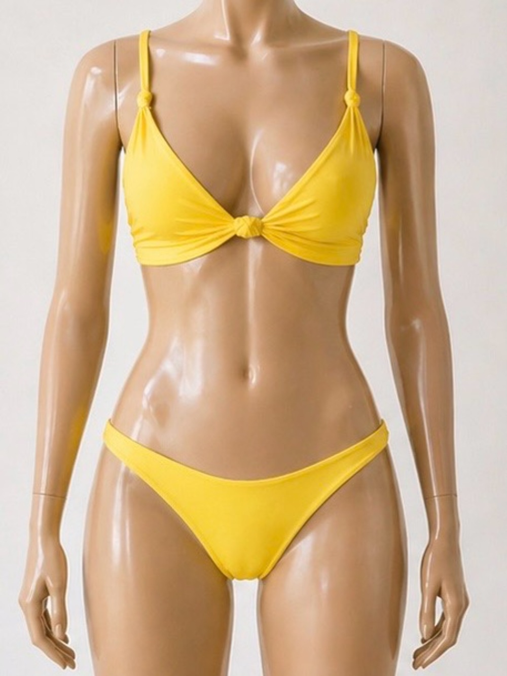 Knot-Front Yellow Triangle Bikini Top and Low-Rise Bottoms
